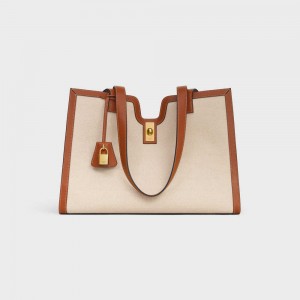 Celine Cabas In Textil And Calfskin 16 Beige Braun | CL-593253