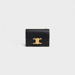 Celine Compact With Coin Triomphe In Shiny Calfskin Geldbörse Schwarz | CL-592979