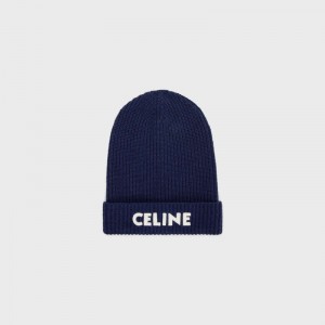 Celine Embroidered Beanie In Gerippt Felted Wolle Hut Navy | CL-591715