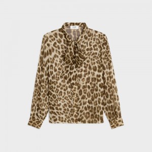 Celine Jabot Blouse With Bow In Silk Georgette Hemd Leopard | CL-592818