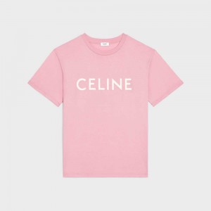 Celine Loose In Baumwoll Jersey T-shirt Rosa Weiß | CL-592794