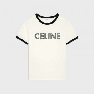 Celine Loose In Baumwoll Jersey T-shirt Weiß Schwarz | CL-592125