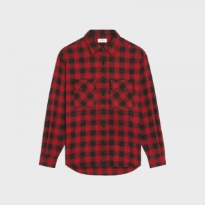 Celine Loose In Checked Wolle Hemd Rot Schwarz | CL-592158