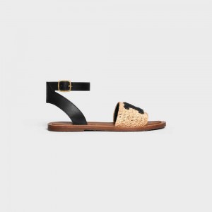 Celine Lympia Flache Riemen In Raffia & Calfskin Sandalen Beige Schwarz | CL-592578