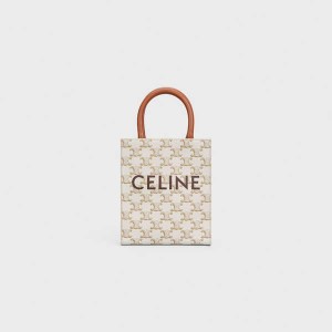 Celine Mini Vertical Cabas In And Calfskin With Print Triomphe Canvas Weiß | CL-593136