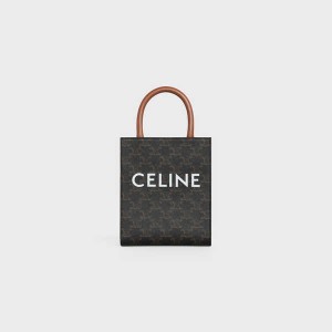 Celine Mini Vertical Cabas In And Calfskin With Print Triomphe Canvas Braun | CL-593134