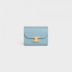 Celine Small Triomphe In Shiny Calfskin Geldbörse Blau | CL-592972