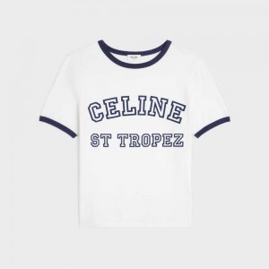 Celine St Tropez 70 S In Baumwoll Jersey T-shirt Weiß Navy | CL-592780