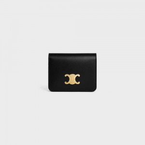 Celine Triomphe Compact In Shiny Calfskin Geldbörse Schwarz | CL-592964