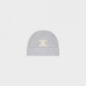 Celine Triomphe Embroidered Beanie In Seamless Cashmere Hut Hellgrau | CL-592370