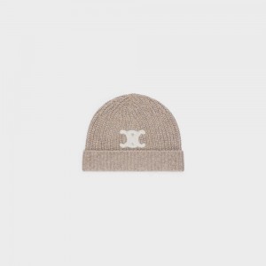 Celine Triomphe Embroidered Beanie In Seamless Cashmere Hut Braun | CL-592369