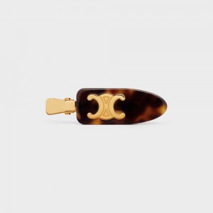 Celine Triomphe Flache Hair Clip In Dark Havana Acetate And Brass With Gold Finish And Steel Haarschmuck Gold | CL-592322