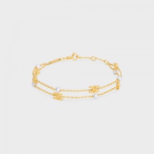 Celine Triomphe Pearl Double In Brass With Gold Finish And Resin Pearls Armbänder Gold Weiß | CL-592236