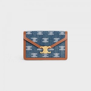 Celine Wallet On Chain Triomphe In Denim With Triomphe All-over Embroidery And Calfskin Mini Taschen Navy Braun | CL-593027