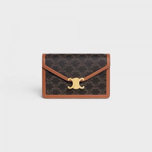 Celine Wallet On Chain Triomphe In Triomphe Canvas And Calfskin Mini Taschen Braun | CL-593025