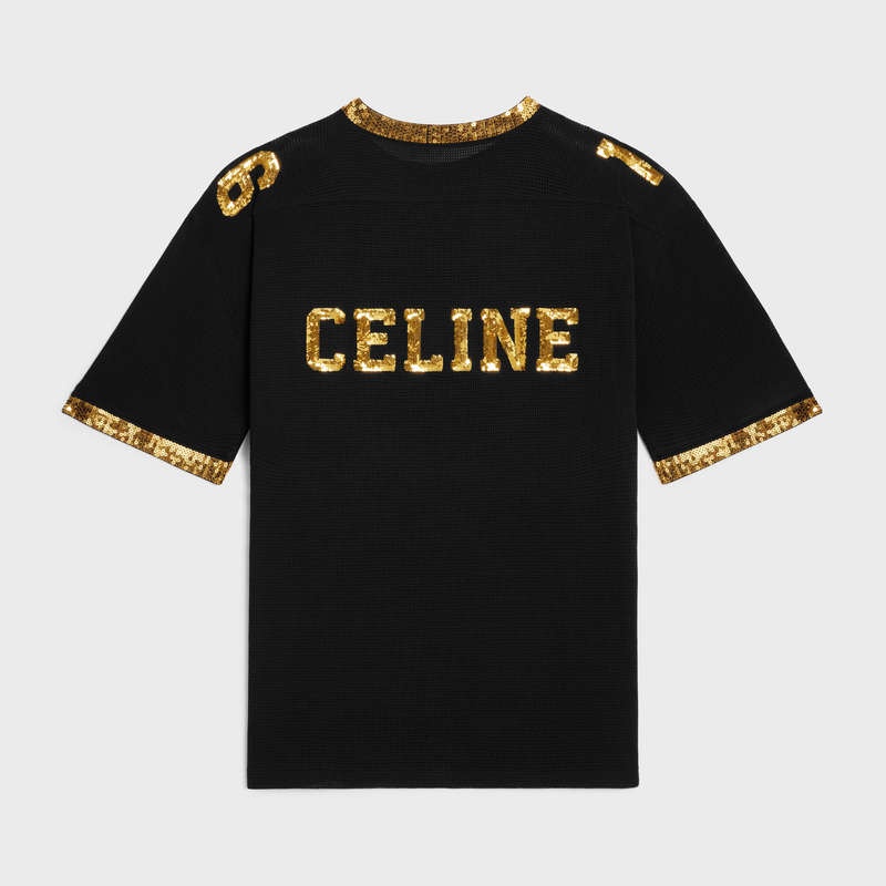 Celine 16 Embroidered In Jersey Mesh T-shirt Schwarz Gold | CL-592124