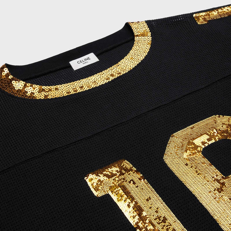 Celine 16 Embroidered In Jersey Mesh T-shirt Schwarz Gold | CL-592124