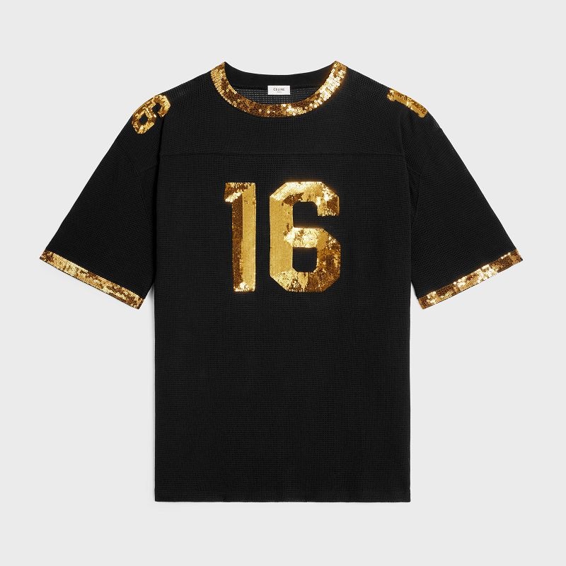 Celine 16 Embroidered In Jersey Mesh T-shirt Schwarz Gold | CL-592124