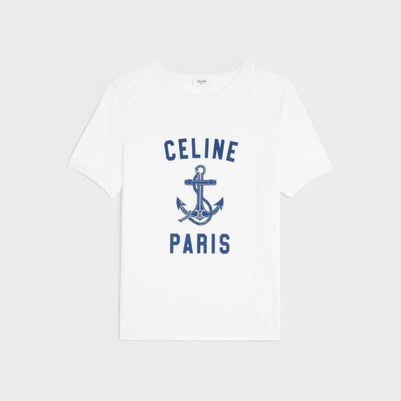 Celine 70 S Anchor In Baumwoll Jersey T-shirt Weiß Navy | CL-592778