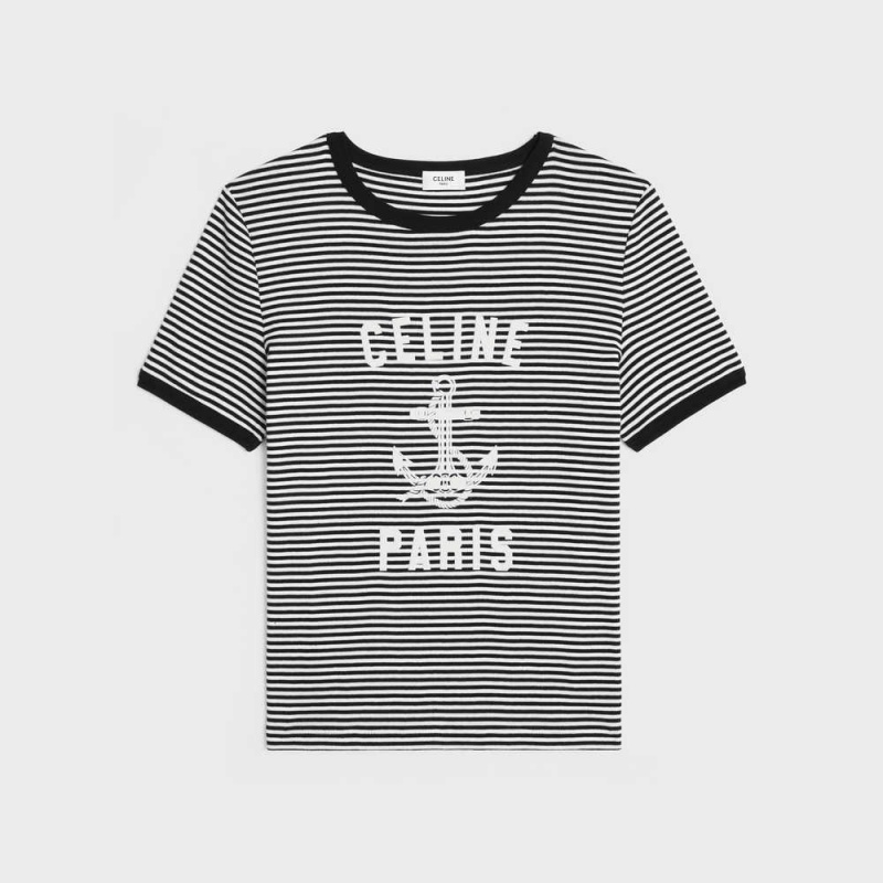 Celine 70 S Anchor In Gestreift Jersey T-shirt Weiß Schwarz | CL-592777