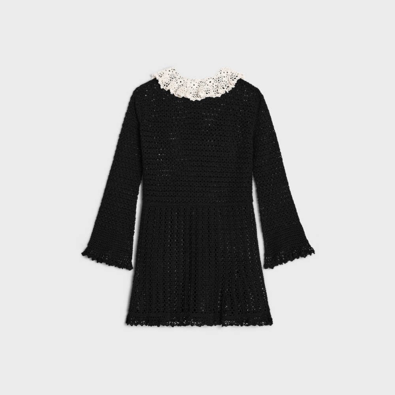 Celine Babydoll Mini In Crocheted Baumwoll Kleid Schwarz Weiß | CL-592850