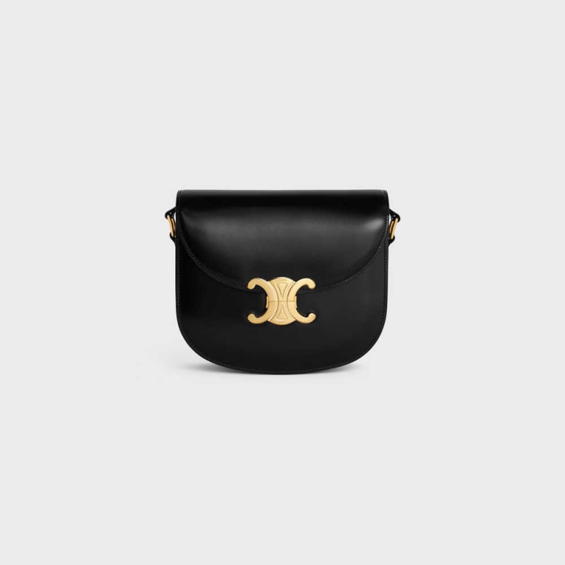 Celine Besace Clea In Shiny Calfskin Triomphe Schwarz | CL-593218