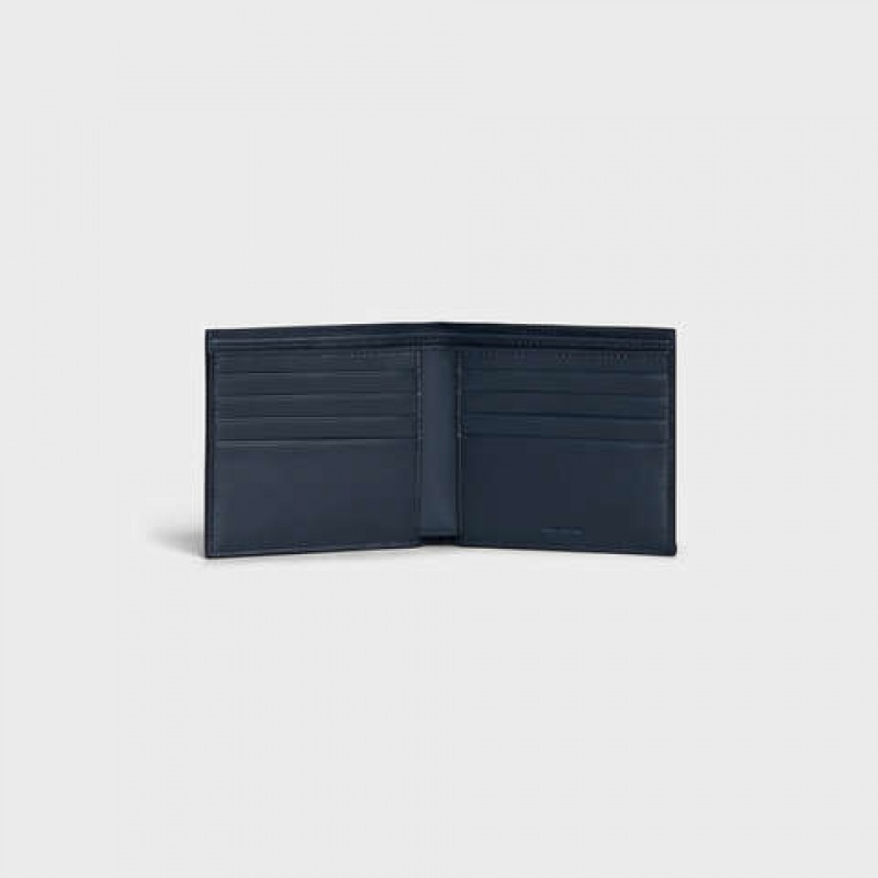 Celine Bi-fold In Grained Calfskin Geldbörse Navy Blau | CL-591790