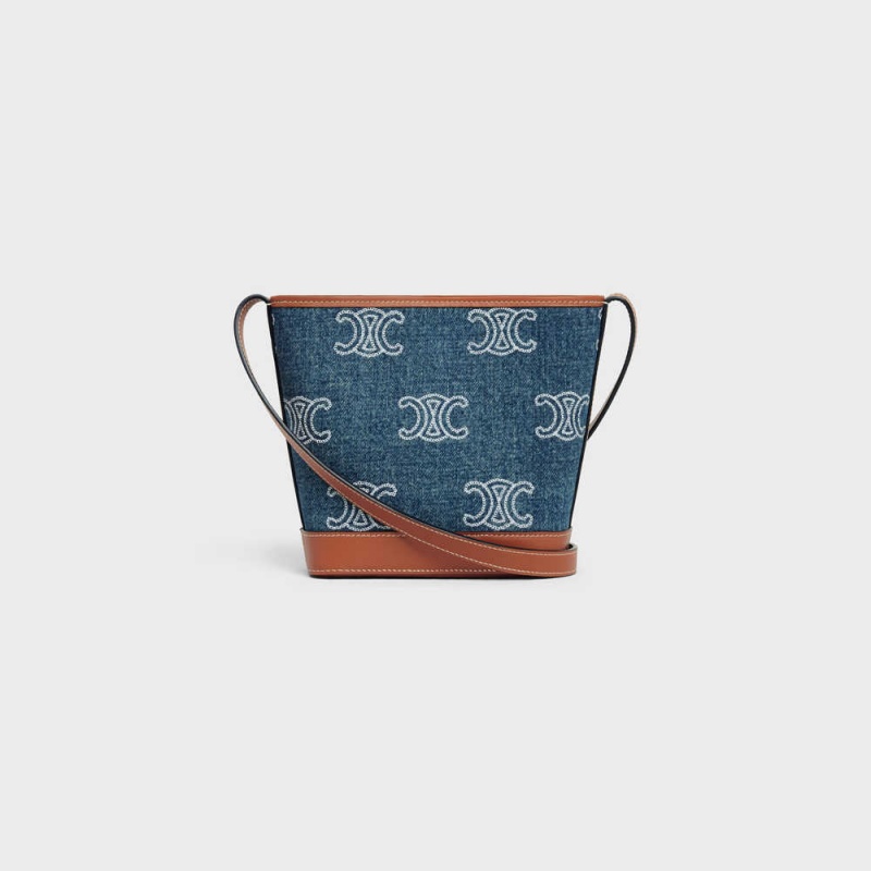 Celine Bucket Cuir Triomphe In Denim With Triomphe All-over Embroidery And Calfskin Mini Taschen Navy Braun | CL-593041