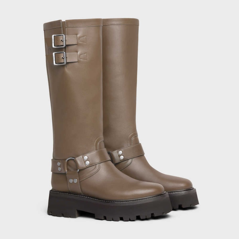 Celine Bulky Biker High In Calfskin Stiefel Khaki Silber | CL-592501