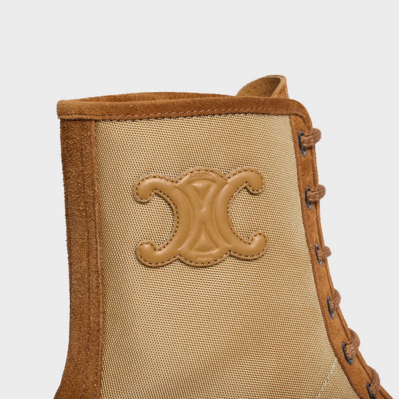 Celine Bulky Spitze-up With Triomphe In Nylon & Wildleder Calfskin Stiefel Dunkelbeige | CL-592511