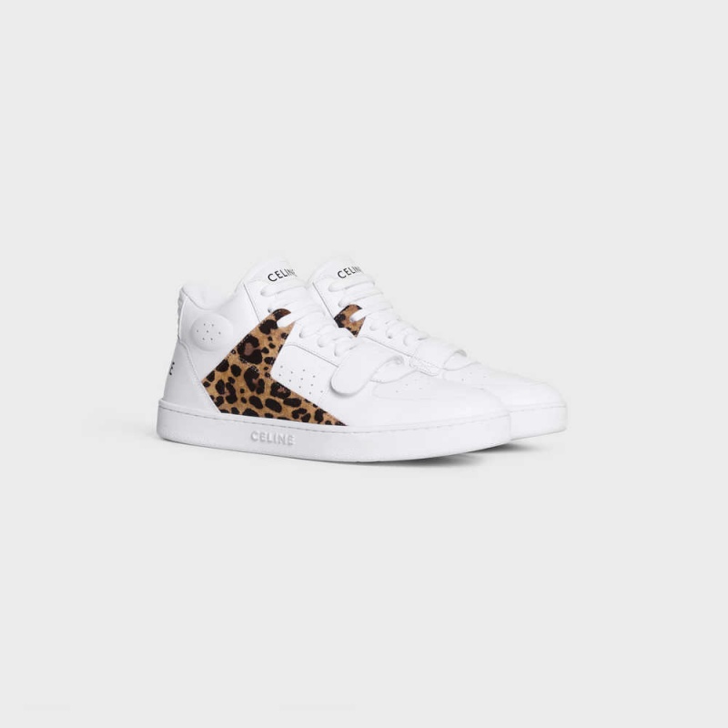 Celine C02 Trainer Mid With Scratch In Calfskin & Leopard Printed Wildleder Calfskin Sneakers Weiß Schwarz Braun | CL-592543