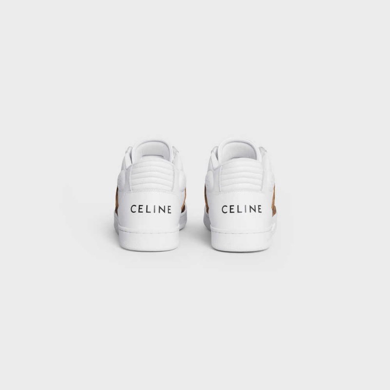 Celine C02 Trainer Mid With Scratch In Calfskin & Leopard Printed Wildleder Calfskin Sneakers Weiß Schwarz Braun | CL-592543