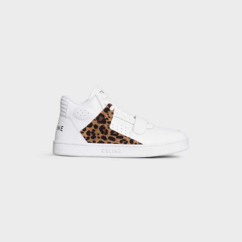 Celine C02 Trainer Mid With Scratch In Calfskin & Leopard Printed Wildleder Calfskin Sneakers Weiß Schwarz Braun | CL-592543