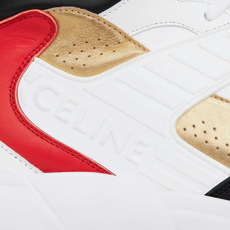 Celine C06 High In Calfskin & Laminated Calfskin Sneakers Weiß Schwarz Rot Gold | CL-591907