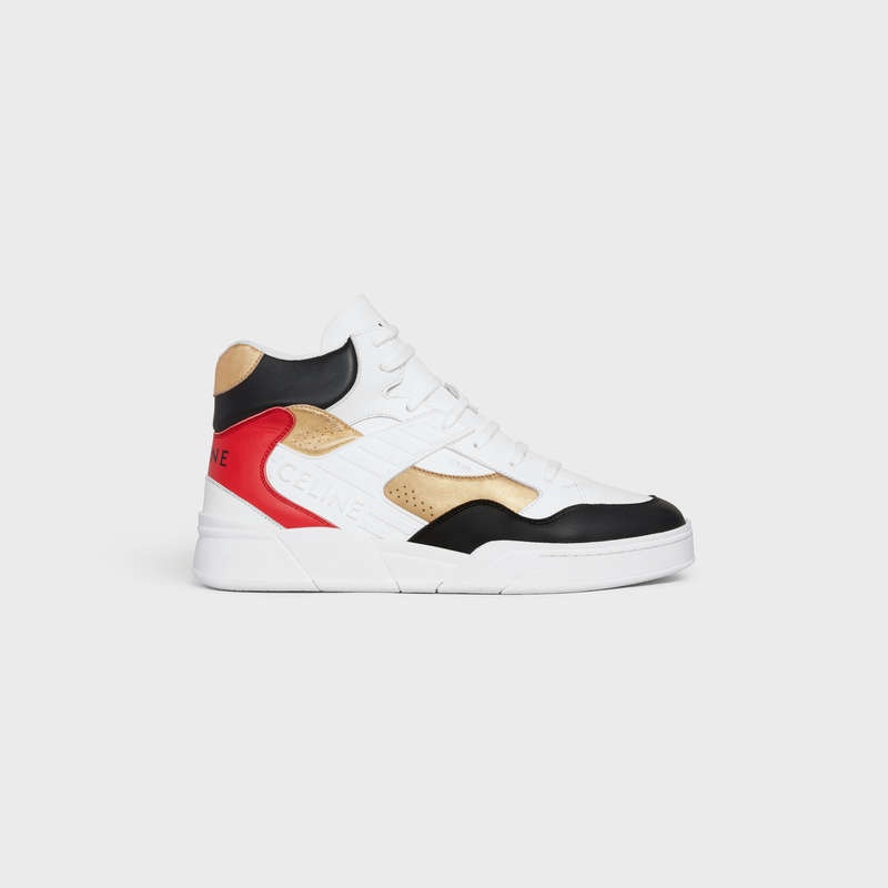 Celine C06 High In Calfskin & Laminated Calfskin Sneakers Weiß Schwarz Rot Gold | CL-591907