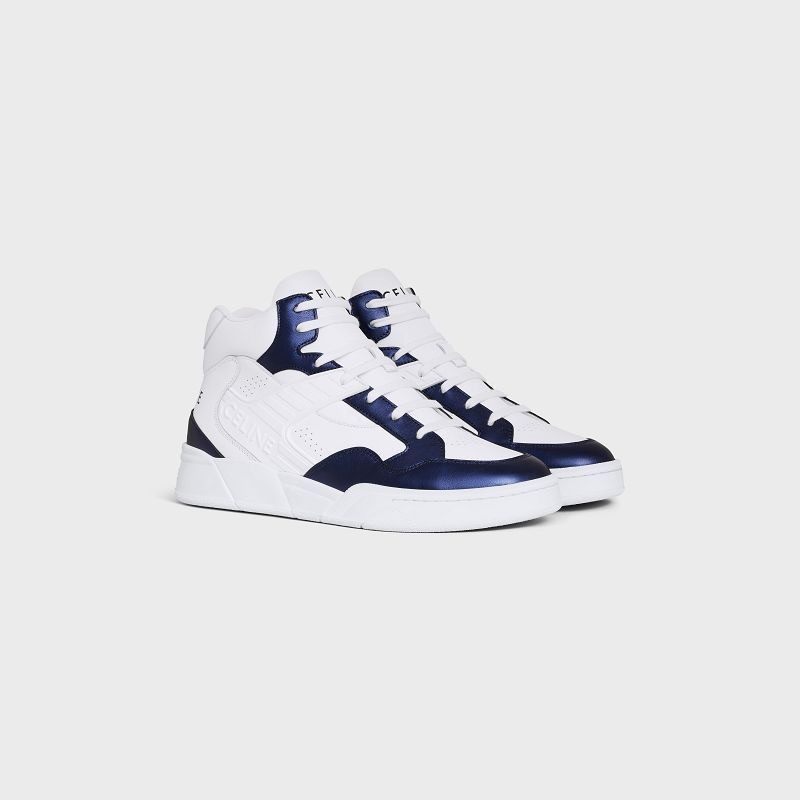 Celine C06 High In Calfskin & Metallic Calfskin Sneakers Weiß Blau | CL-591908