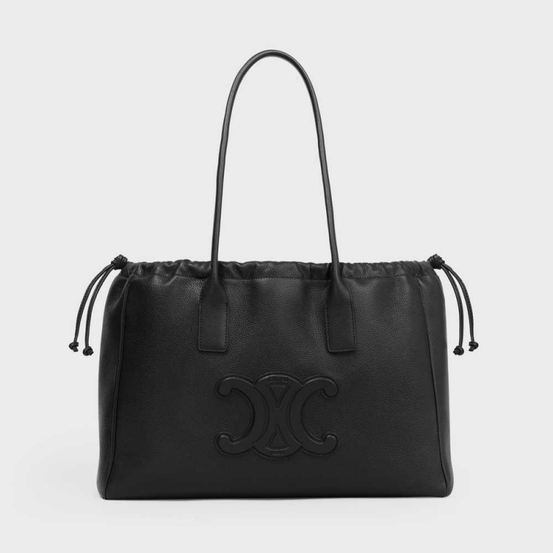 Celine Cabas Drawstring In Grained Calfskin Cuir Triomphe Schwarz | CL-593152