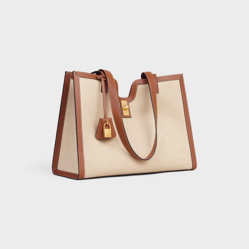 Celine Cabas In Textil And Calfskin 16 Beige Braun | CL-593253