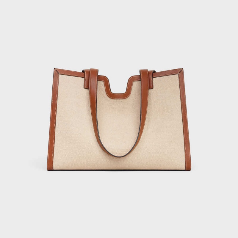 Celine Cabas In Textil And Calfskin 16 Beige Braun | CL-593253