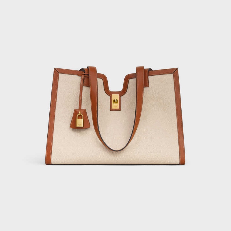 Celine Cabas In Textil And Calfskin 16 Beige Braun | CL-593253