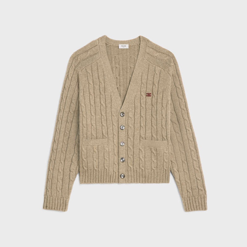 Celine Cable-knit Triomphe Cardigan In Cashmere Strickwaren Hellgrau Braun | CL-592084