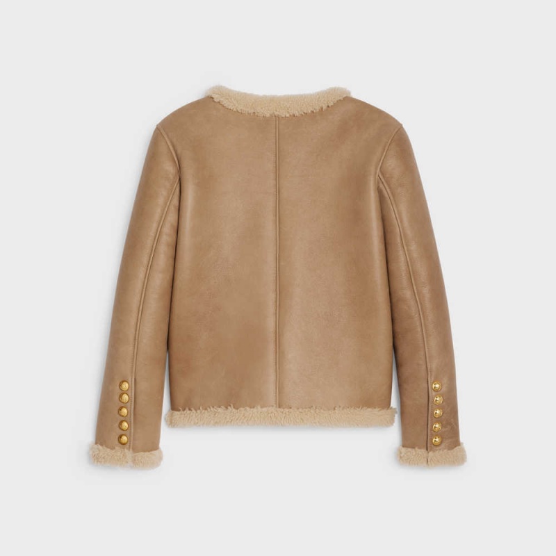 Celine Cardigan In Curly Shearling Leather Braun Weiß | CL-592615