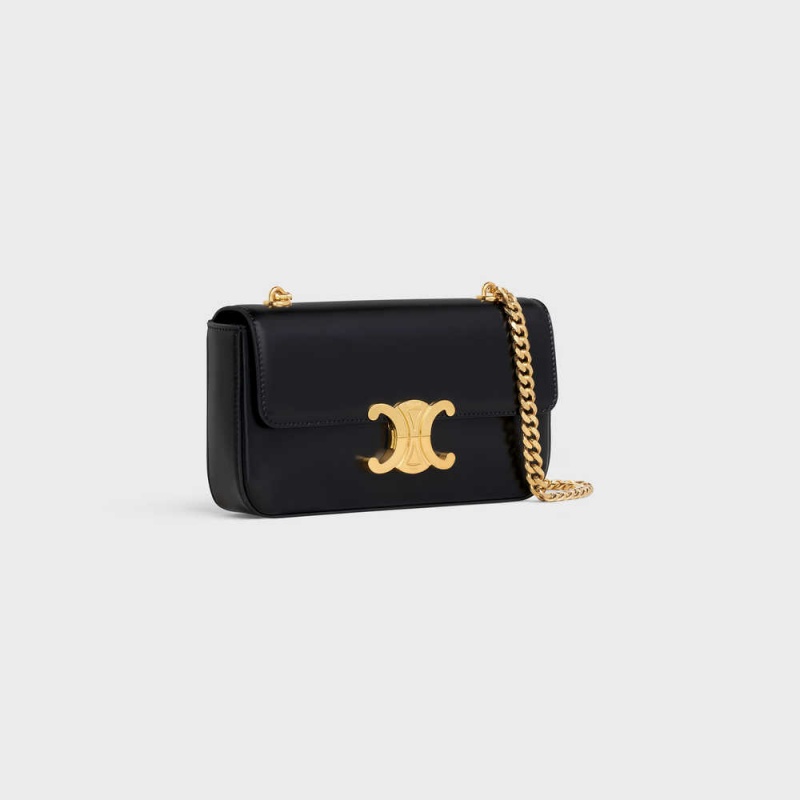 Celine Chain Shoulder Bag In Shiny Calfskin Triomphe Schwarz | CL-593226