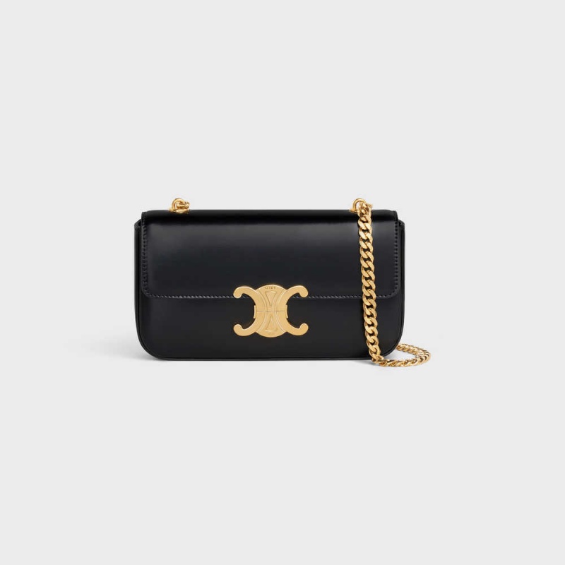 Celine Chain Shoulder Bag In Shiny Calfskin Triomphe Schwarz | CL-593226