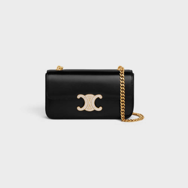 Celine Chain Shoulder Bag With Strass Closure In Shiny Calfskin Triomphe Schwarz | CL-593231