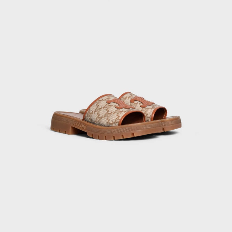 Celine Clea Triomphe Badelatschen In Triomphe Stamped Canvas & Calfskin Sandalen Braun Beige | CL-592569