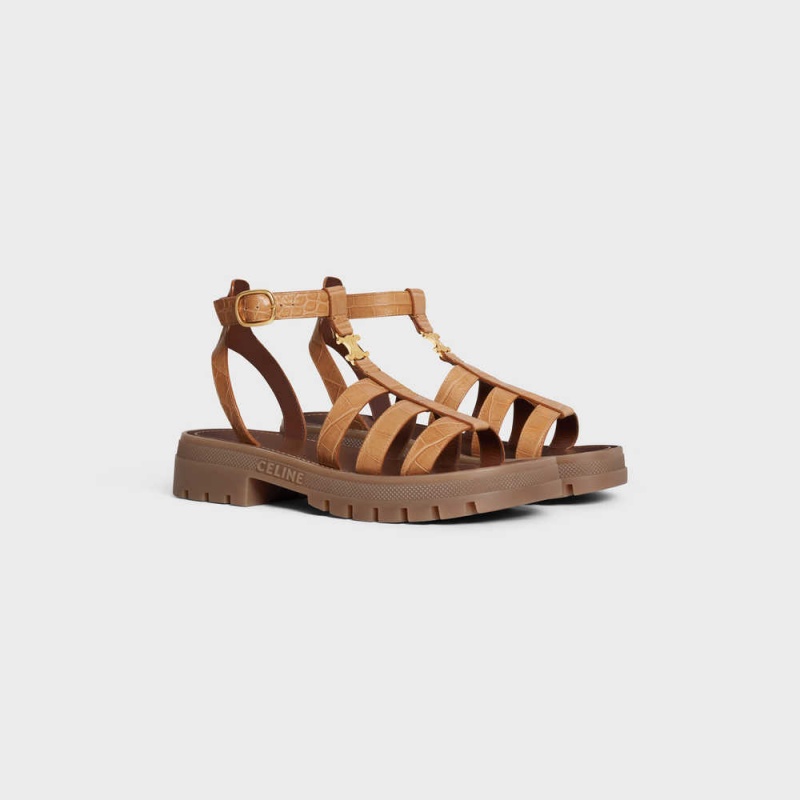 Celine Clea Triomphe Gladiator Chunky In Crocodile Stamped Calfskin Sandalen Braun | CL-592575