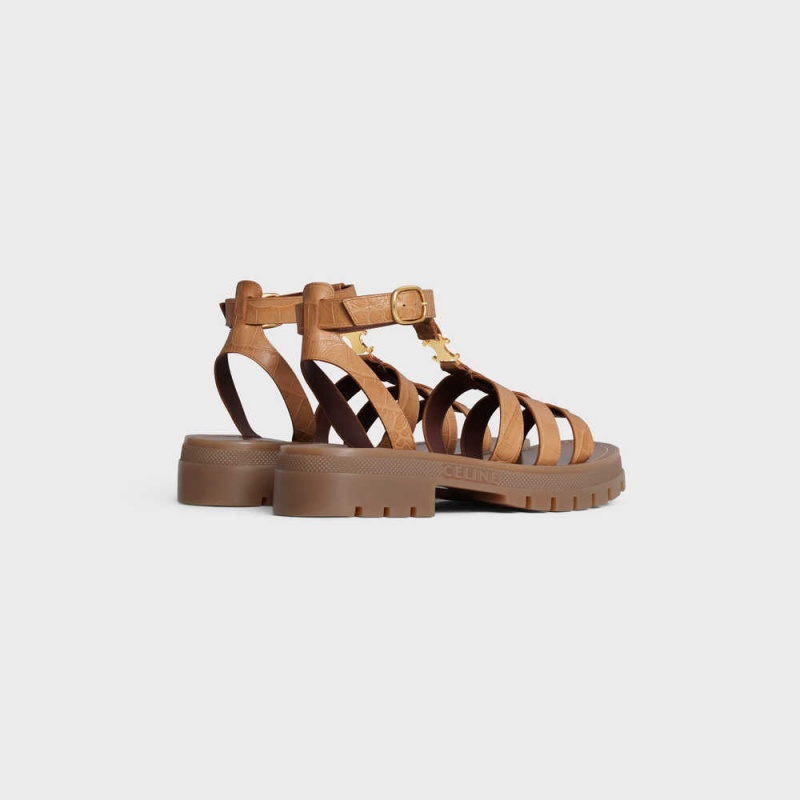 Celine Clea Triomphe Gladiator Chunky In Crocodile Stamped Calfskin Sandalen Braun | CL-592575