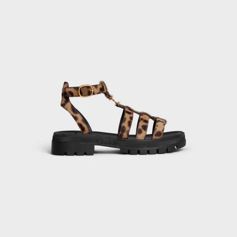 Celine Clea Triomphe Gladiator Chunky In Leopard Printed Hairy Calfskin Sandalen Schwarz Braun Beige | CL-592573