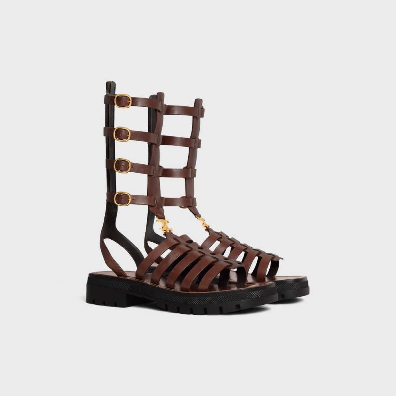 Celine Clea Triomphe Gladiator Mid In Calfskin & Vegetal Tanning Sandalen Dunkelbraun | CL-592576